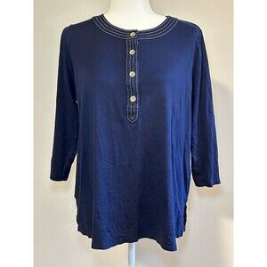 TALBOTS Navy Blue Gold Trimmed Four Button 3/4 Sleeve Top XL